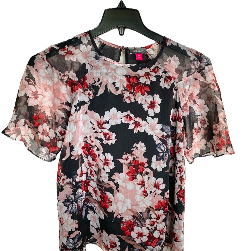 Vince Camuto Black Floral Sheer Blouse with Flutter Sleeves Size XXS Dark Fairy